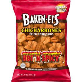 Baken-Ets Chicharrones Fried Pork Skins Hot'N Spicy Flavored 4 Oz