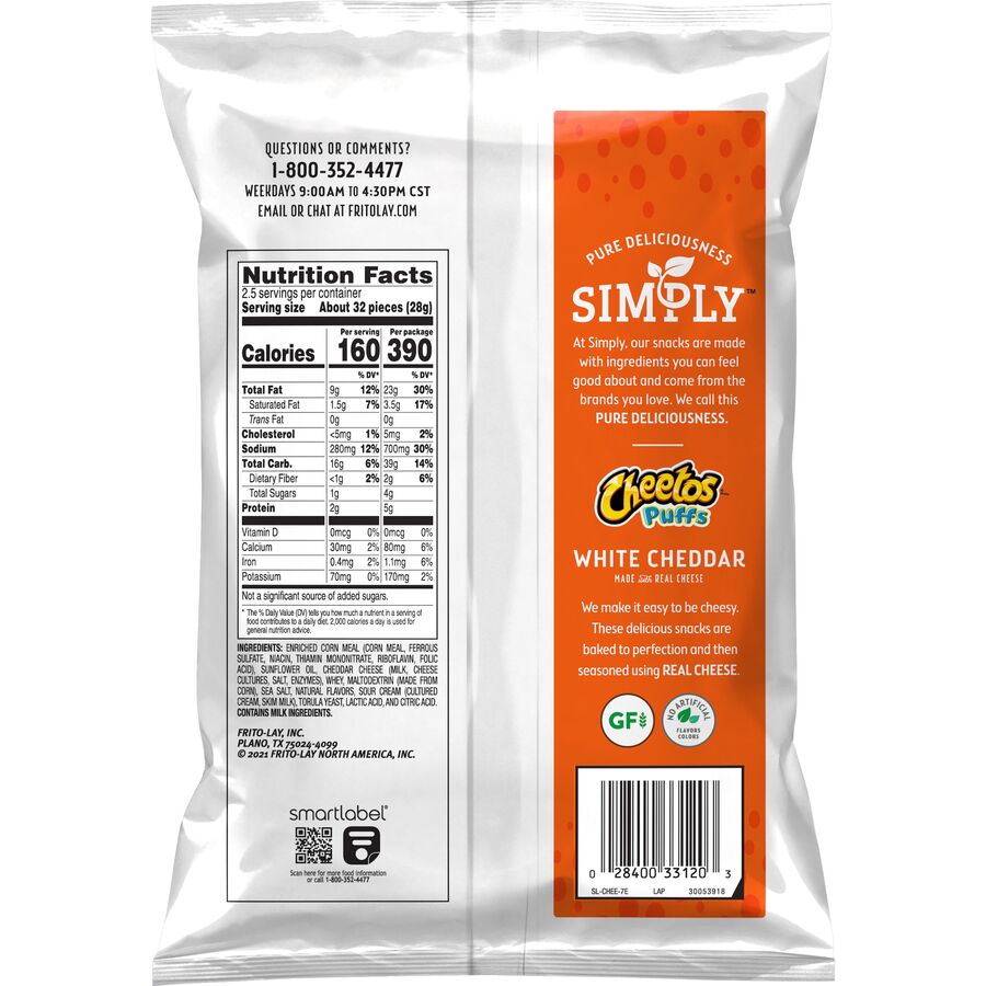 Cheetos Simply Puffs White Cheddar Cheese Flavored Puffed Snacks, 2.5 oz Bag