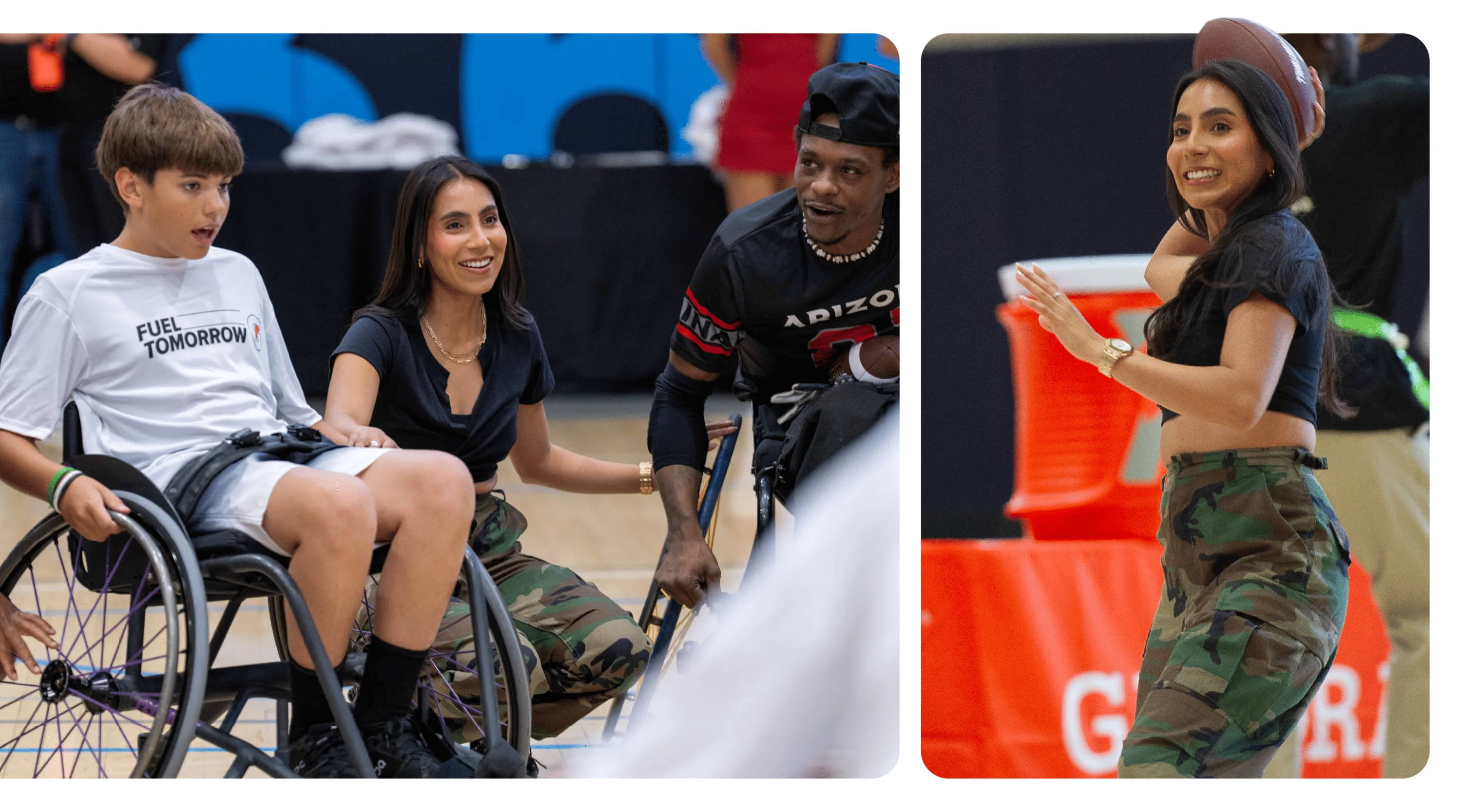 From left, a student-athlete, Gatorade athlete Diana Flores and James Berardez of the Cardinals Wheelchair Football Team at the Gatorade Fuel Tomorrow Football Day of Play.