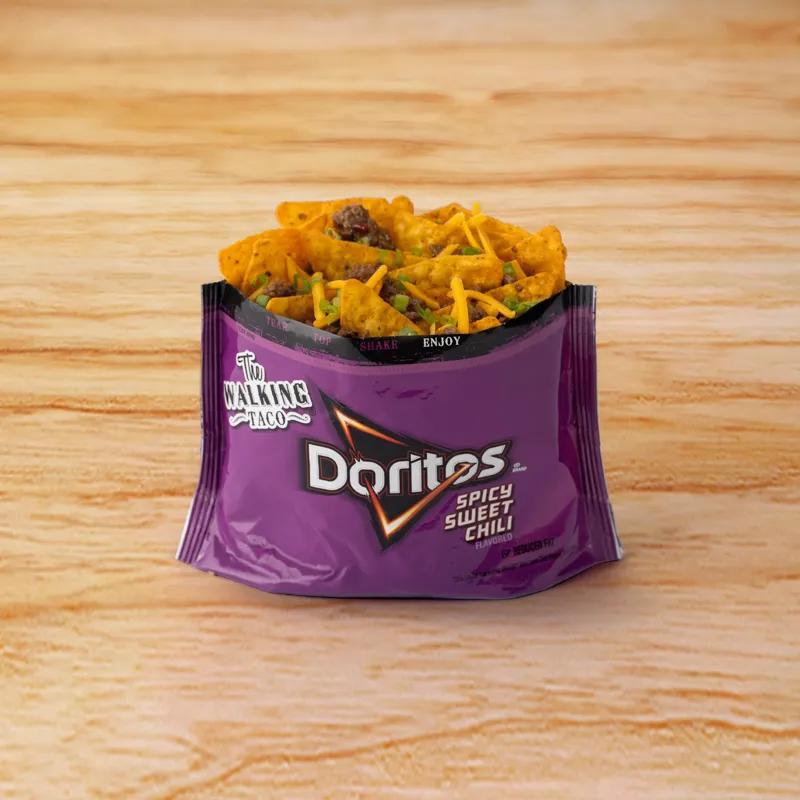 Mongolian Beef with Walking Taco Doritos Reduced Fat Spicy Sweet Chili Flavored Tortilla Chips