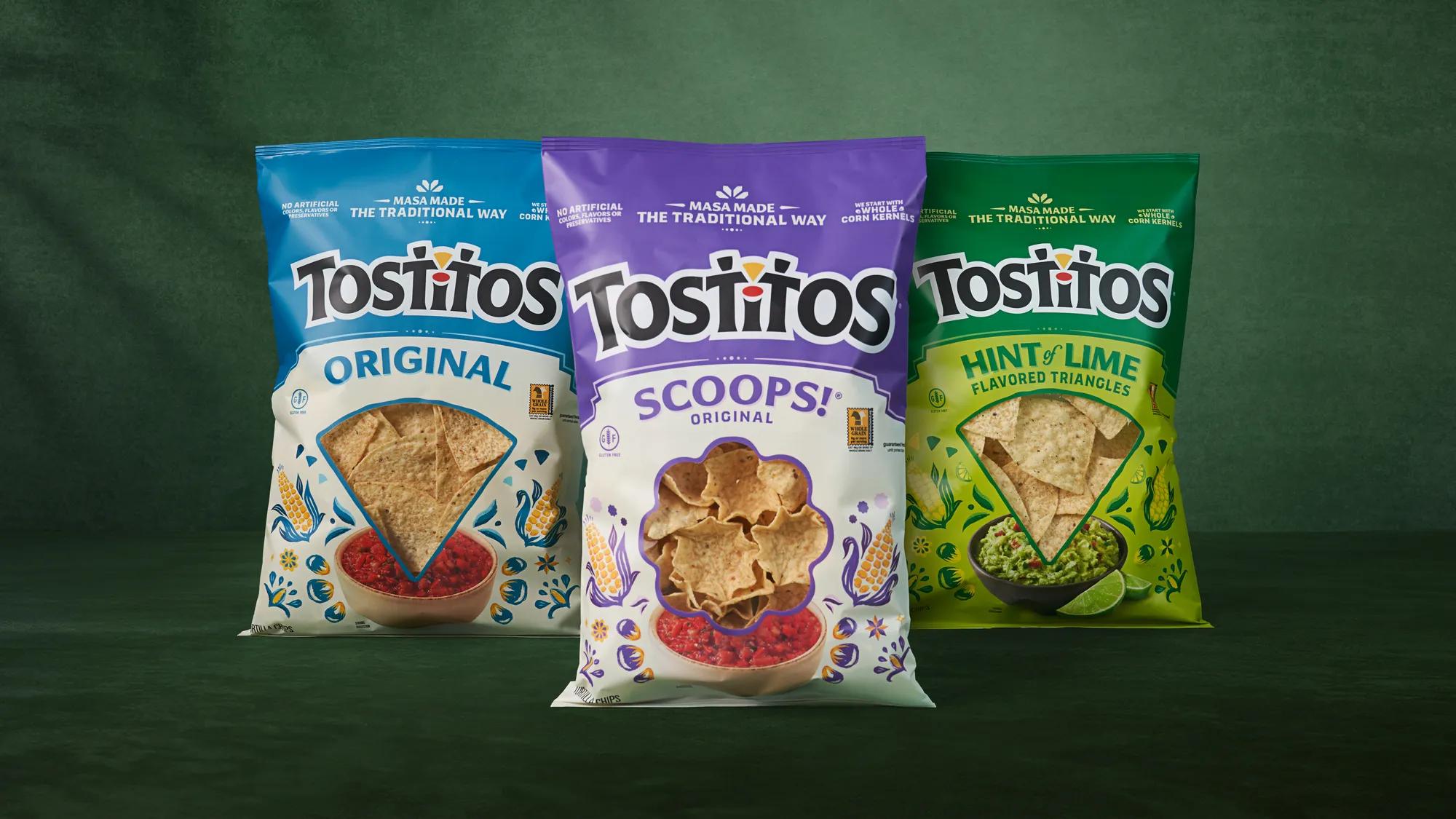 New packaging for Tostitos® featuring an updated visual design — Original (left) and SCOOPS! Original (middle) with cream background to signal core offering and Hint of Lime (right) with vibrant green color to highlight flavor. Photo credit: D3 studio.